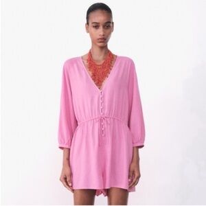 Zara, pink, linen blend short jumpsuit, Size Medium